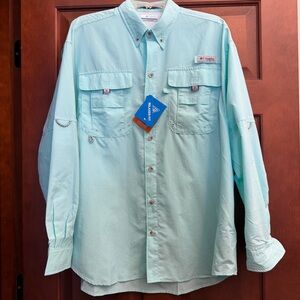 NWT Columbia Men's M Bahama Omni-Shade UPF 50 Aqua Sun Shirt Long Sleeve Button